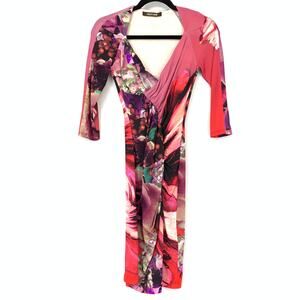 Roberto Cavalli Women's Sz 38 US XS Floral Print Faux Wrap Dress Multicolor Pink